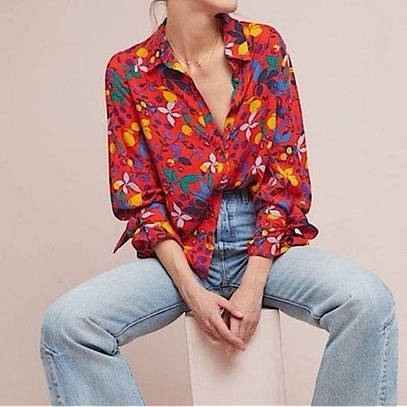 Anthropologie Tops - Anthropologie Maeve Button Up Blithe Blouse Fruit Lemons Red Top Size 8